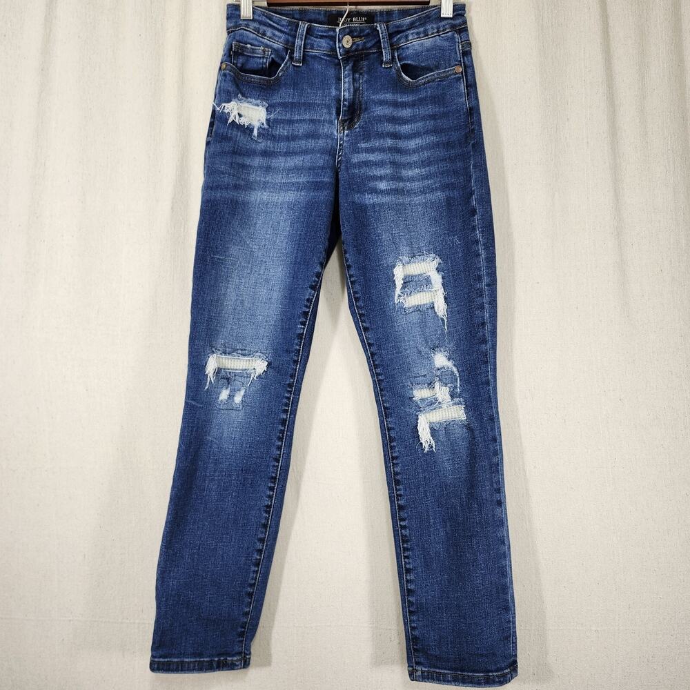 Judy Blue Boyfriend Fit Distressed Dark Wash Denim Jeans Straight Leg Women 1/25